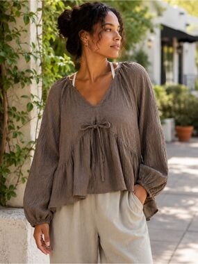 Brown Babydoll Tie Front Blouse Textured Long Sleeve High Low Top Large